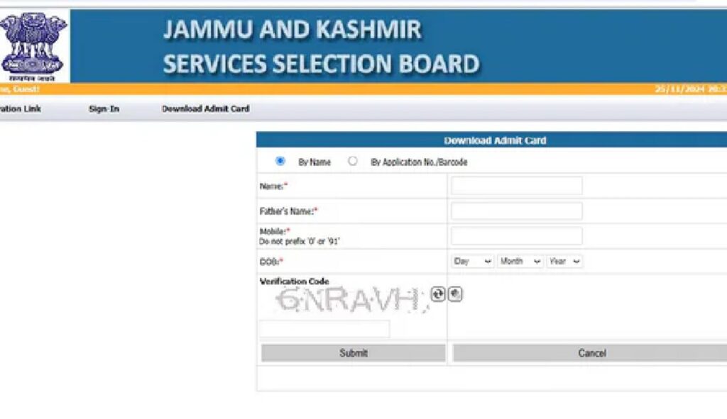 JKSSB Police Constable Admit Card Download At jkssb.nic.in