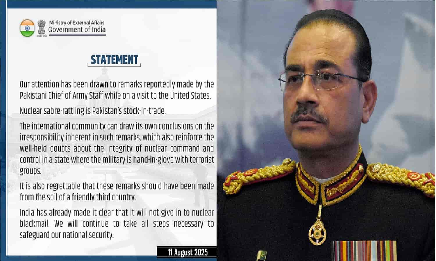 MEA का Asim Munir के न्यूक्लियर बयान पर करारा जवाब: ‘न्यूक्लियर ब्लैकमेल में नहीं झुकेंगे’