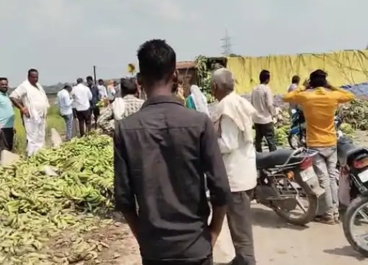 A truck loaded with bananas overturned in Maihar