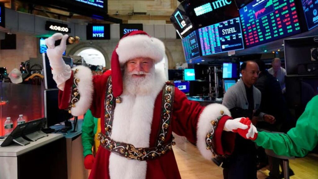 Santa Claus figure at a stock exchange floor symbolizing Christmas impact on market trading schedules
