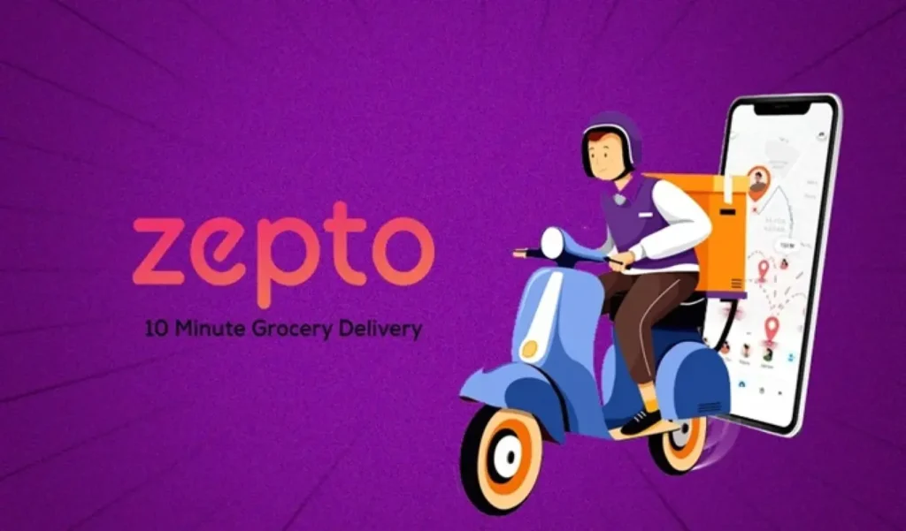 Zepto के ब्रांड रंगों में डिलीवरी बैग और मोबाइल ऐप का दृश्य, IPO से जुड़ी खबर के संदर्भ में।