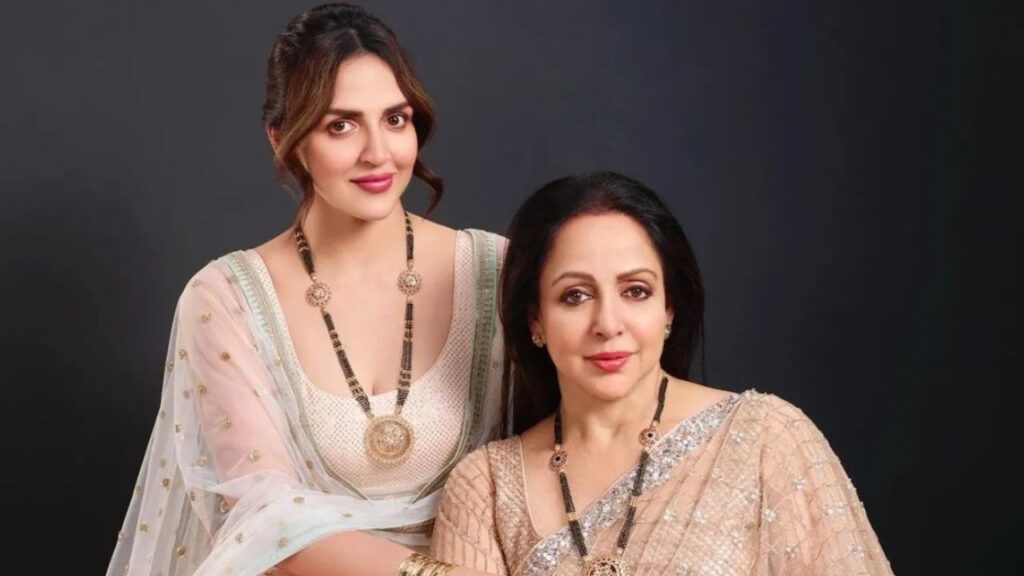 Hema Malini and Isha Deol posing together during a formal photoshoot