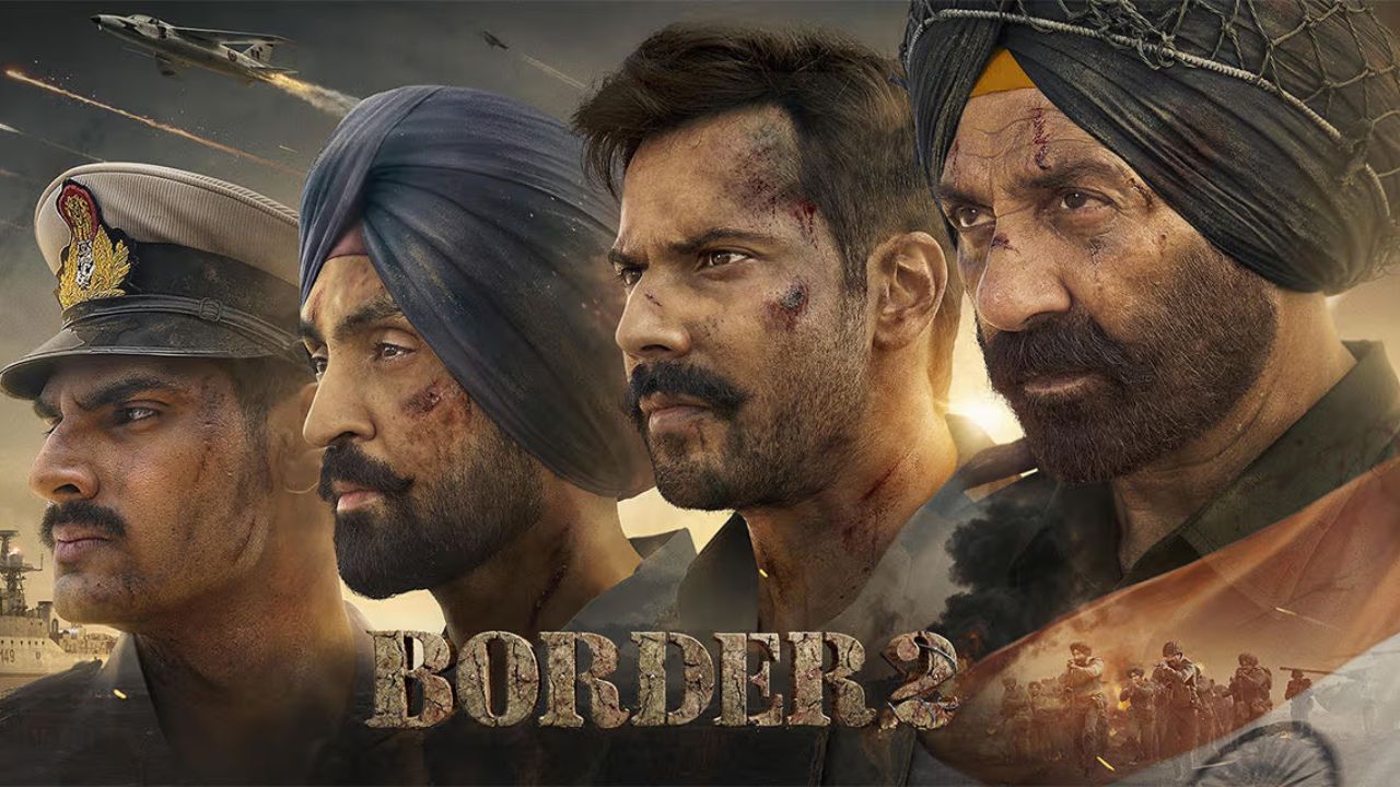फिल्म Border 2 के दृश्य में सैन्य वर्दी में सैनिक युद्ध क्षेत्र में आगे बढ़ते हुए, पृष्ठभूमि में संघर्ष का माहौल।
