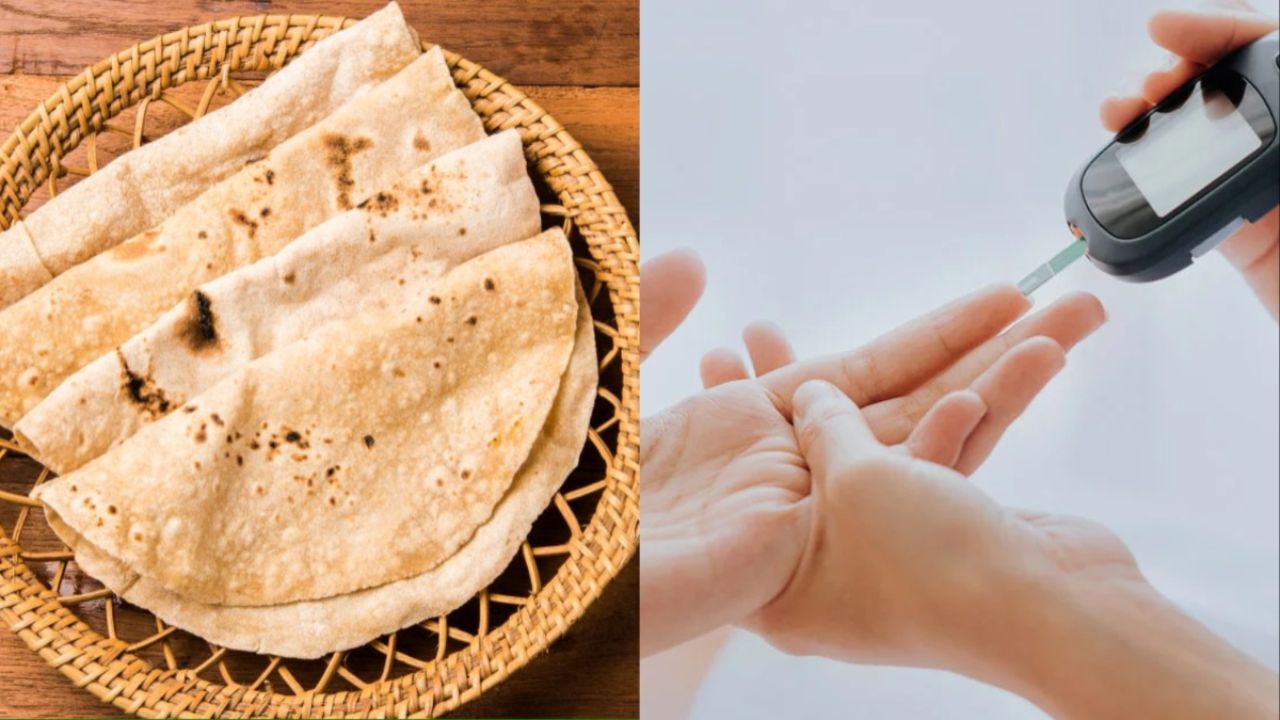 Whole wheat rotis served on a plate alongside a blood glucose test, illustrating diabetes diet context