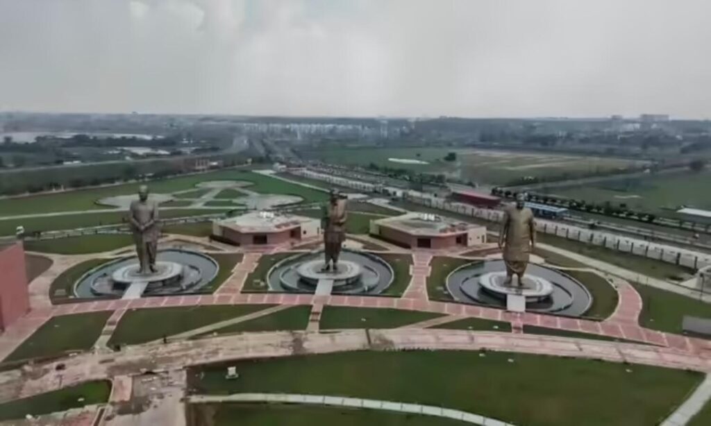 Aerial view of Rashtra Prerna Sthal with statues and landscaped premises