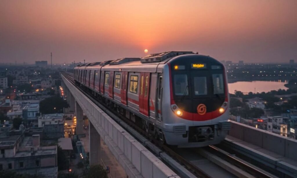 View of Bhopal city with metro construction highlighting the urban transport project.