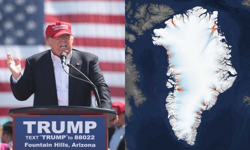 Donald Trump speaking at a rally alongside a map view of Greenland