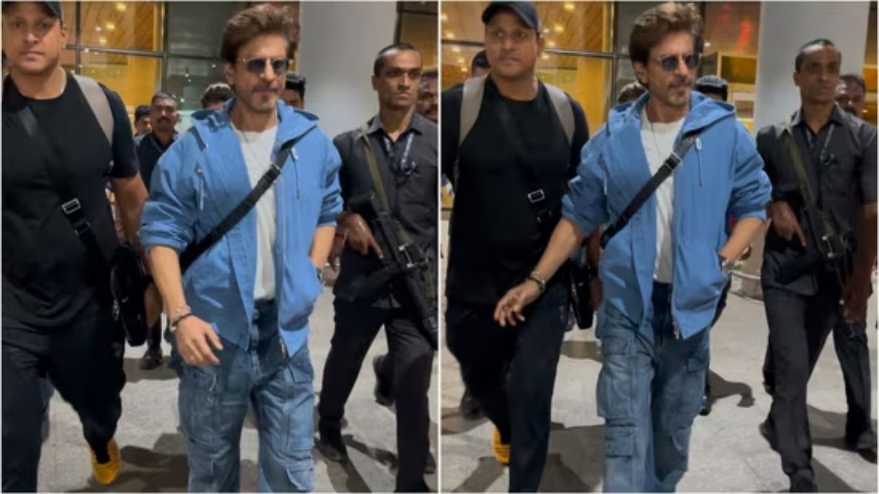 Bollywood actor Shah Rukh Khan arriving with security in casual jeans and jacket at an airport