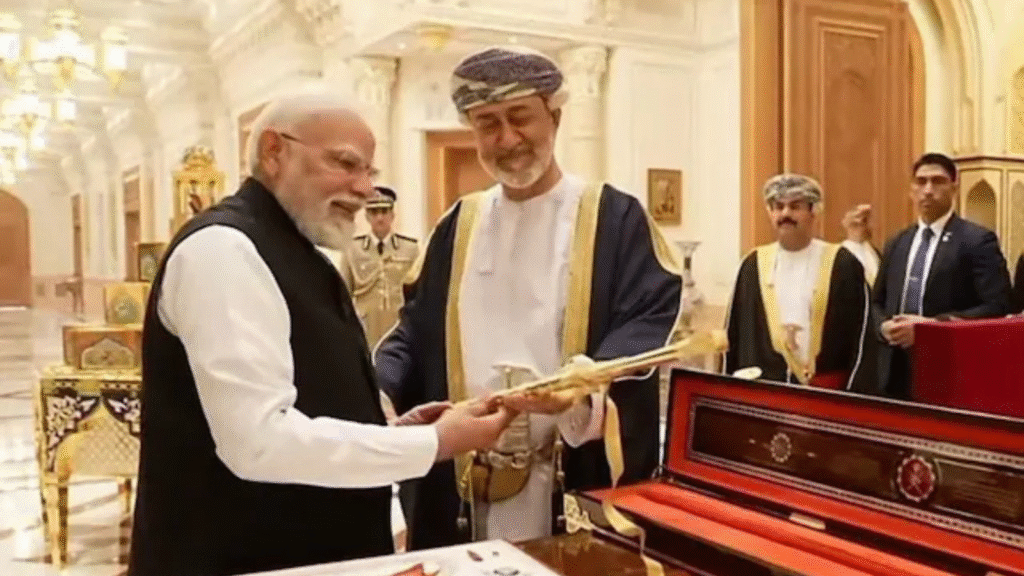 Prime Minister Narendra Modi receiving the Order of Oman, the highest civilian honour, during his official visit to Oman.