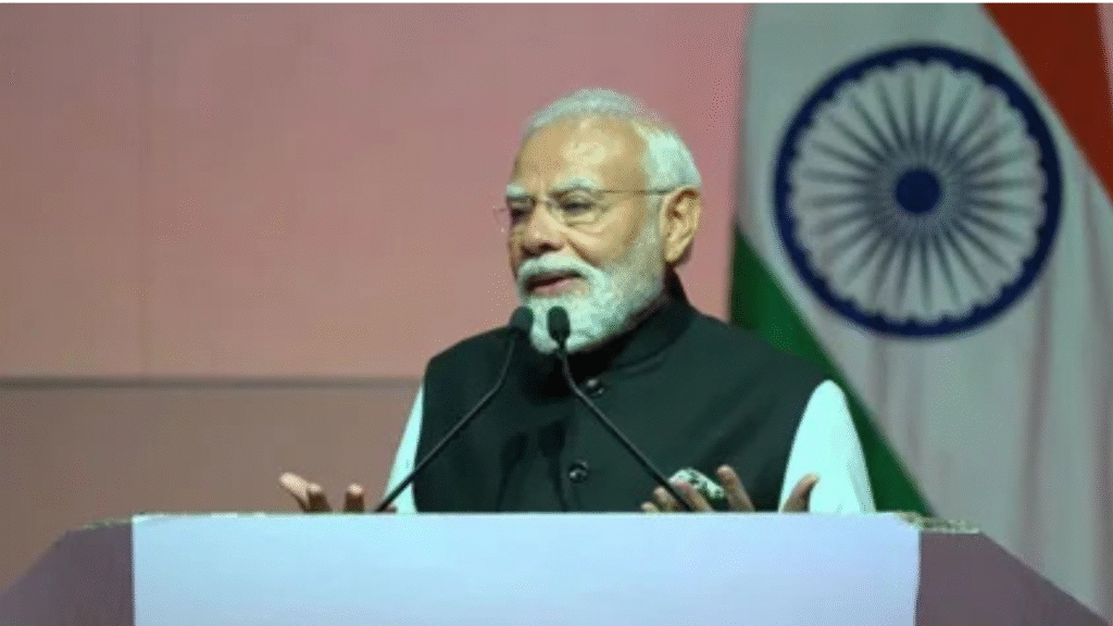 Prime Minister Narendra Modi addressing an audience during his official visit to Oman, focusing on diversity and bilateral relations.