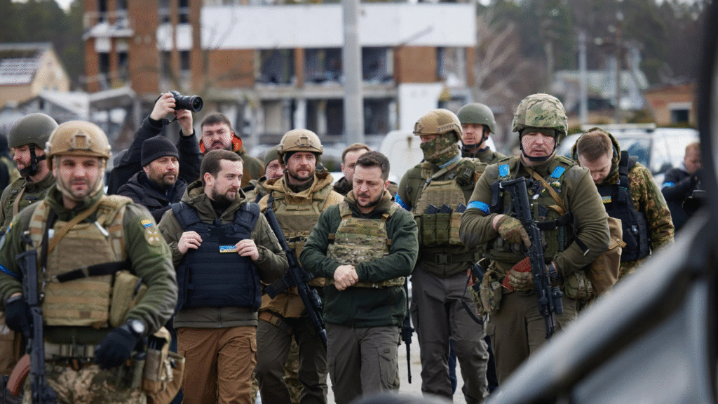 Ukrainian security personnel amid ongoing Russia-Ukraine war, following reported drone and guided bomb attacks.