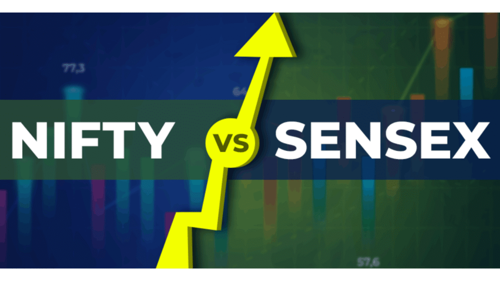Graphic showing Nifty vs Sensex with upward arrow, reflecting gains in the Indian stock market.
