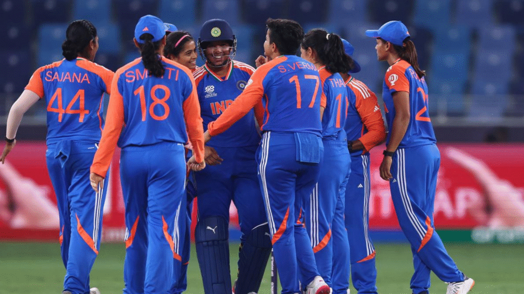 Indian women cricket team celebrating after a wicket during the India vs Sri Lanka Women T20 match