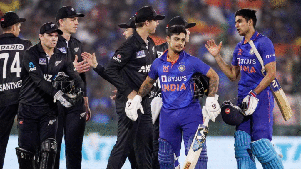 Indian and New Zealand cricketers greet each other after an international match