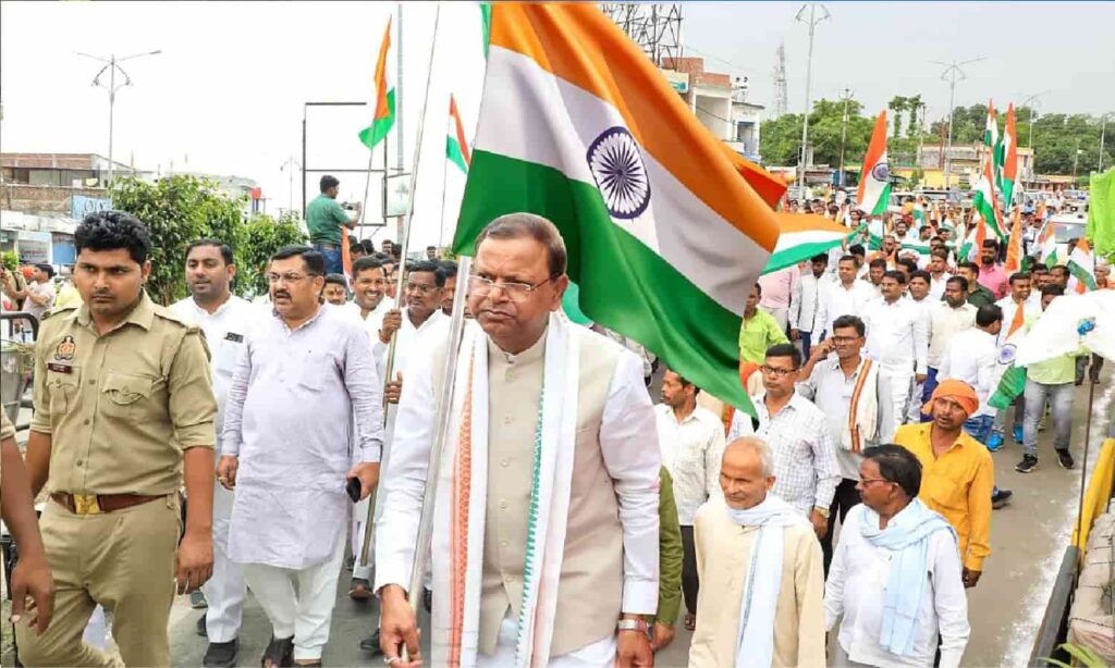 Pankaj Chaudhary at a BJP organizational meeting in Uttar Pradesh, addressing party members