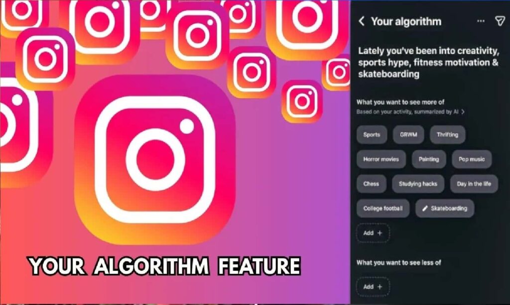 Smartphone screen displaying Instagram feed settings as the platform introduces the 'Your Algorithm' customization feature