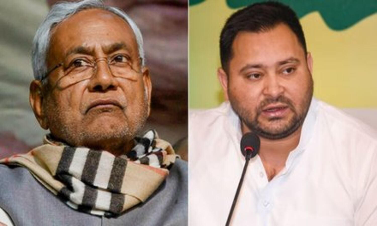 पटना में राजनीतिक हलचल के बीच RJD और JDU नेताओं की बैठक का दृश्य, मीडिया से घिरे नेता और पार्टी झंडे दिखाई देते हुए