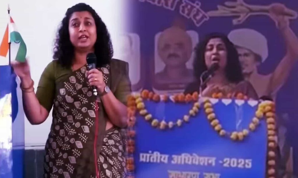 IAS officer Meenakshi Singh speaking at a public event amid controversy over remarks.