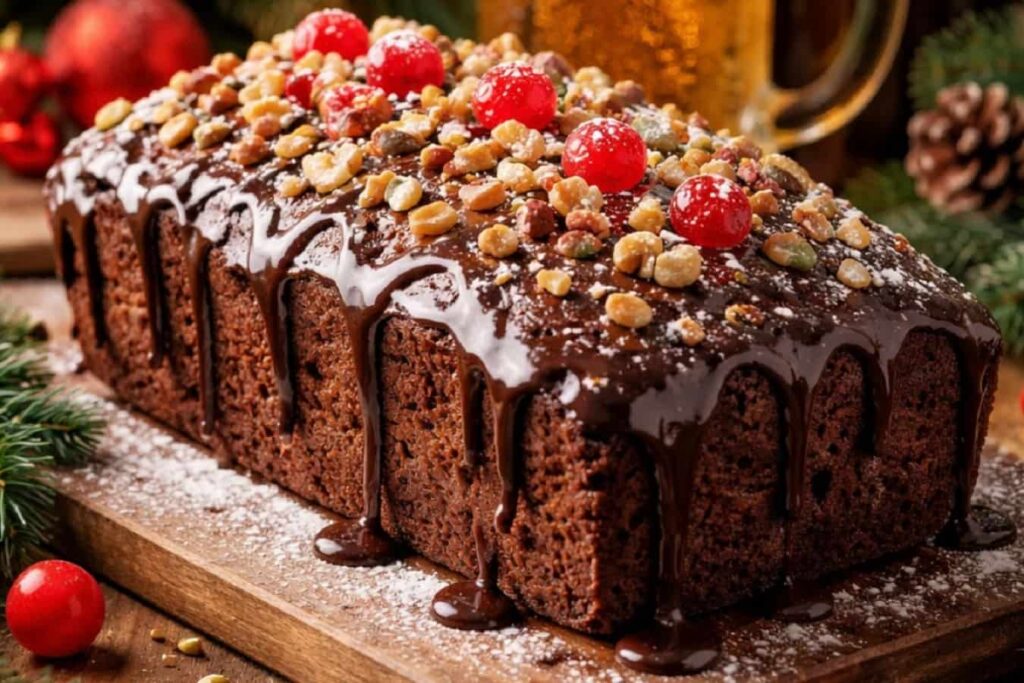 Christmas chocolate cake topped with nuts and cherries on a wooden board