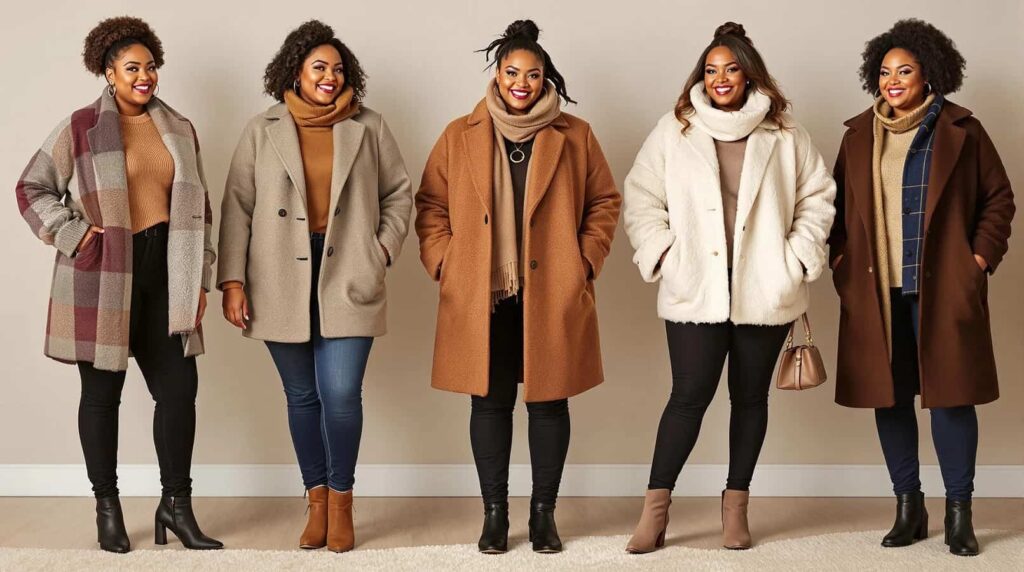 Women wearing stylish winter party outfits with coats and jackets for cold weather celebrations
