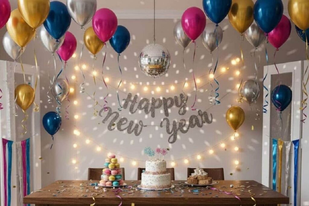 New Year 2026 home decoration with balloons, lights and celebration setup