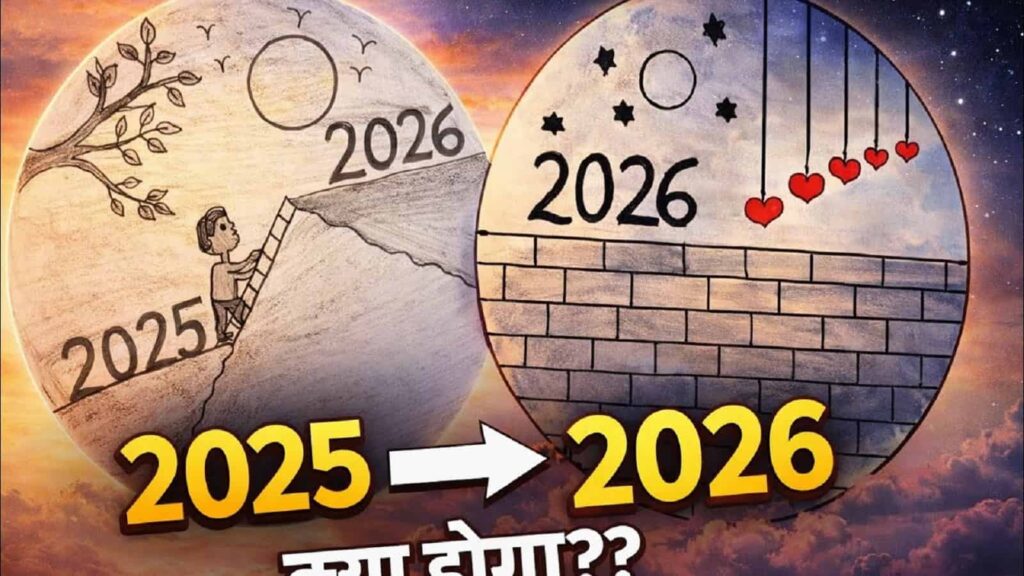 Illustration showing transition from 2025 to 2026 with reflection and future goals concept