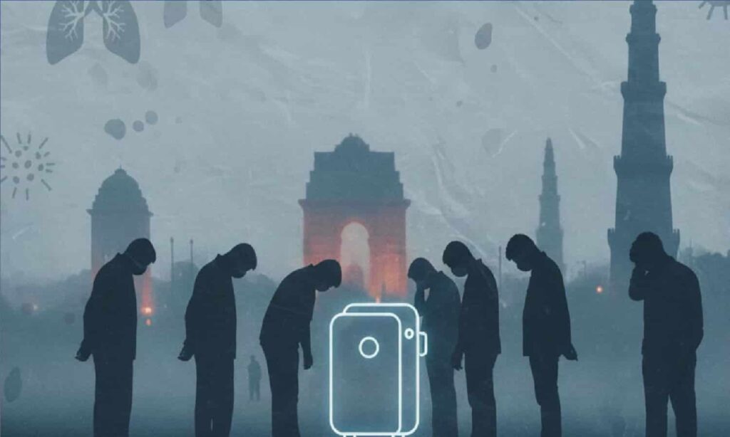 People standing in smoggy Delhi with pollution icons highlighting poor air quality