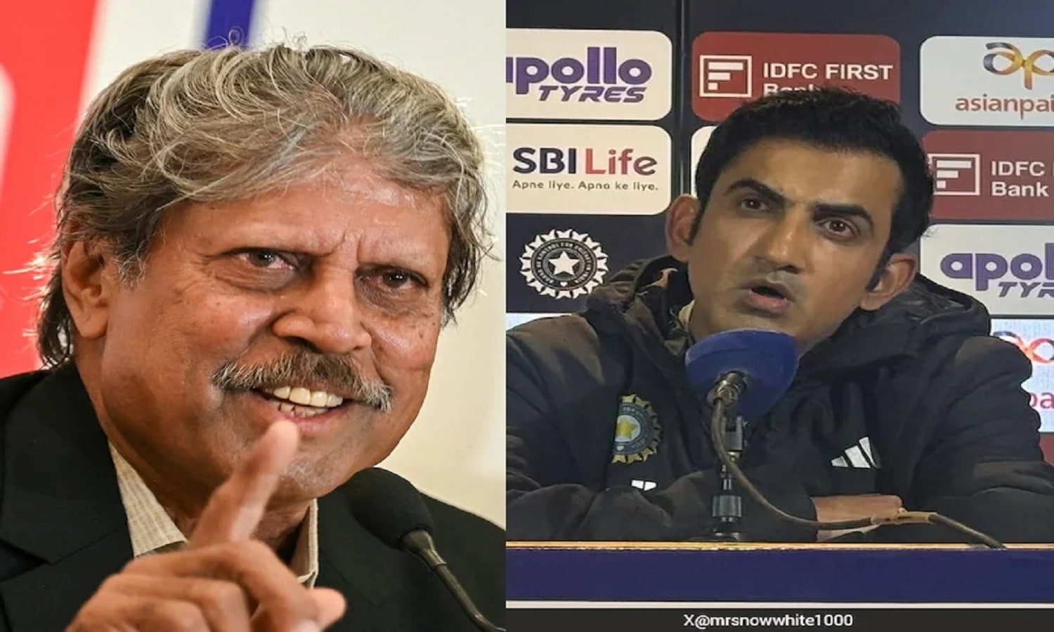 Former India captain Kapil Dev reacting during a cricket discussion while Gautam Gambhir is seen in the background.