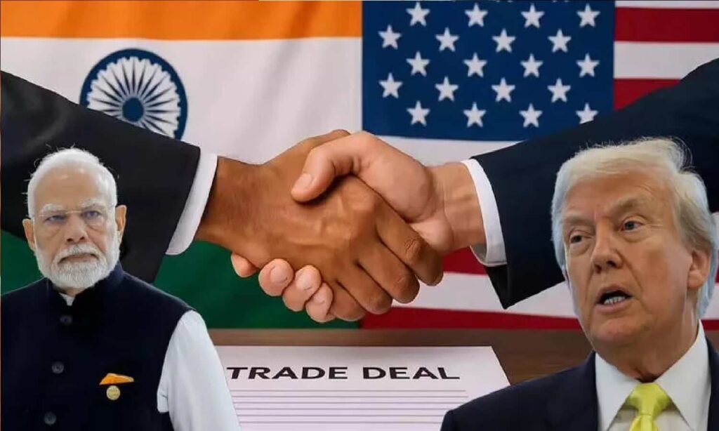 Indian and US leaders symbolizing trade negotiations with national flags in background
