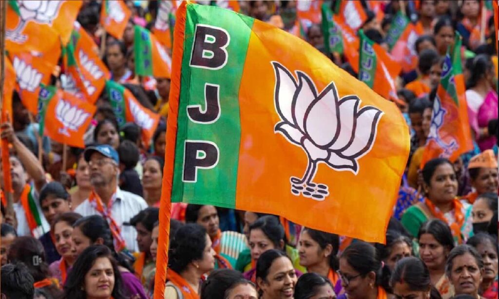 BJP party flag at a public gathering representing political funding news