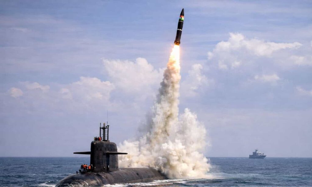 Indian nuclear submarine conducting K4 SLBM missile test launch at sea
