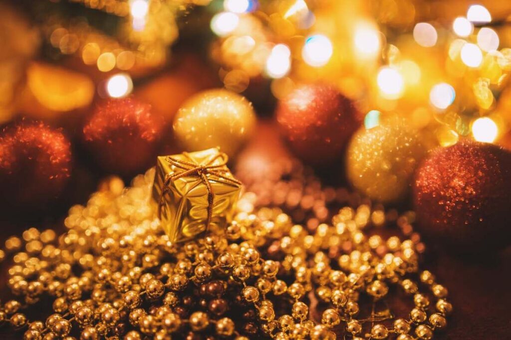 Festive Christmas themed image used for gold and silver price record news in India