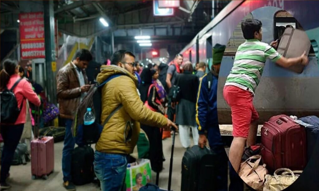 Passengers carrying heavy luggage at an Indian railway station while checking baggage weight limits.