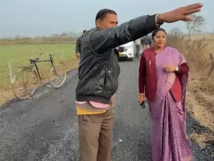 Minister inspecting a damaged newly constructed road during an official visit in Satna district