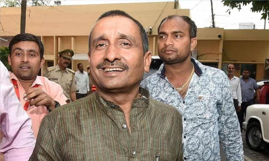 Convicted former legislator Kuldeep Singh Sengar seen outside court premises amid legal proceedings.