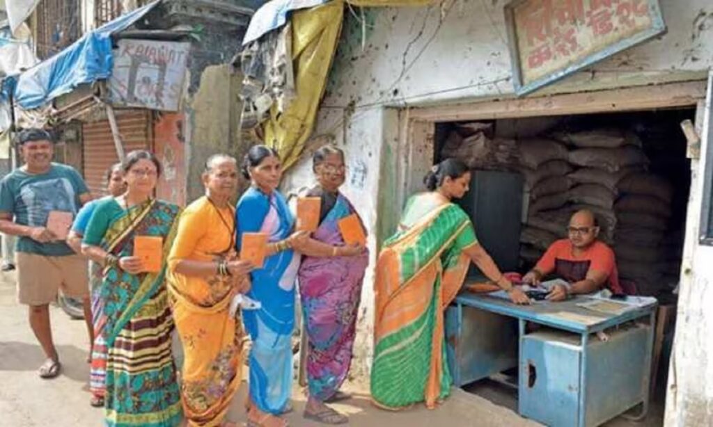 Women standing in queue at a government ration shop in Madhya Pradesh
