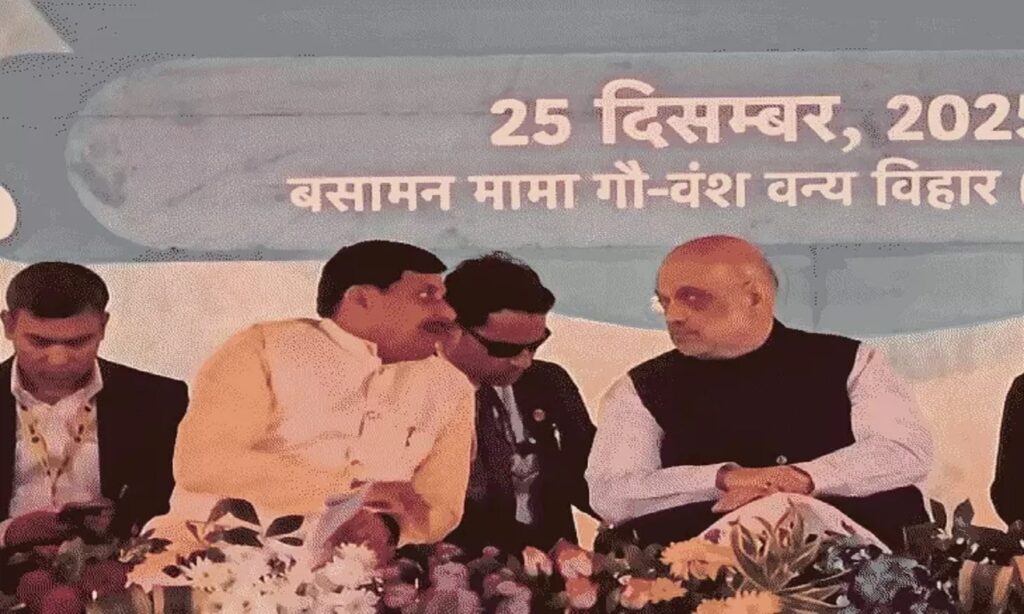 Union Home Minister Amit Shah speaking at a public programme in Rewa, Madhya Pradesh