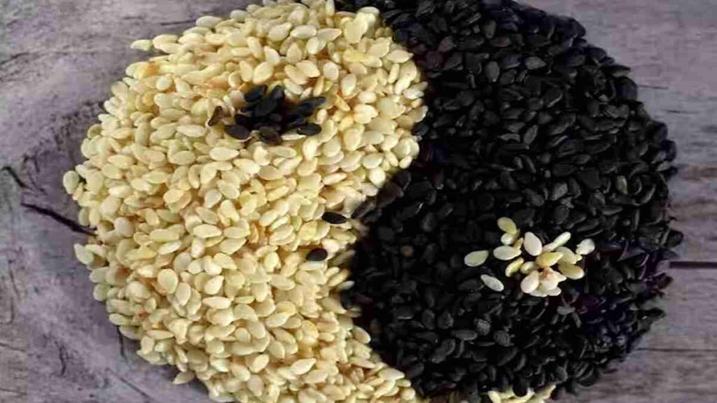 Sesame seeds and sesame-based foods kept on a plate, commonly consumed during winter for nutritional benefits