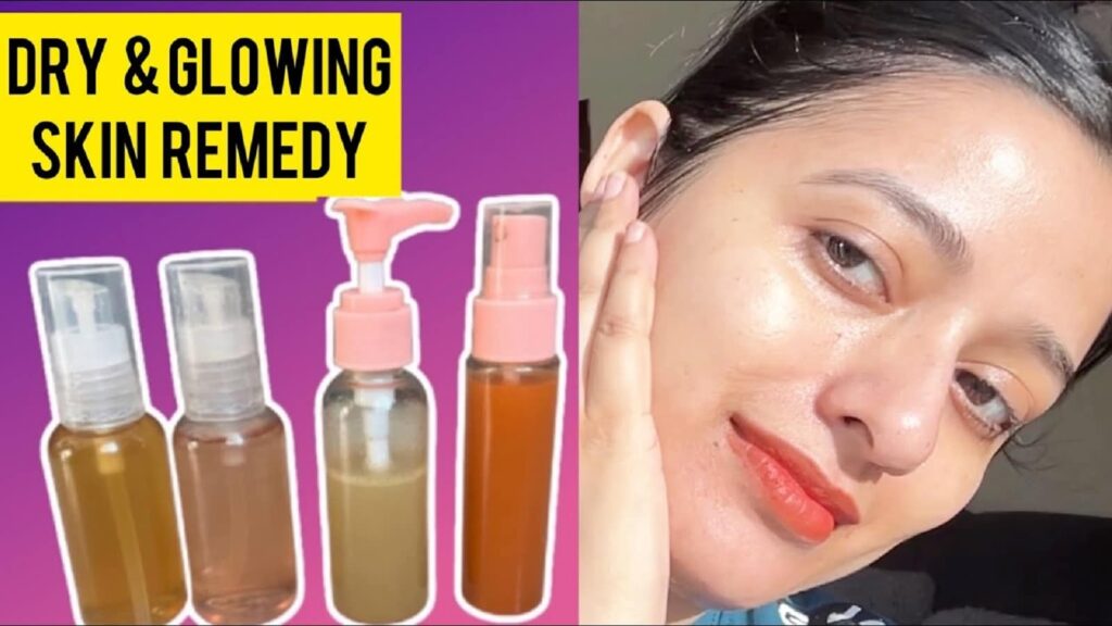 Woman with glowing skin alongside bottles of homemade natural toner for winter skin care