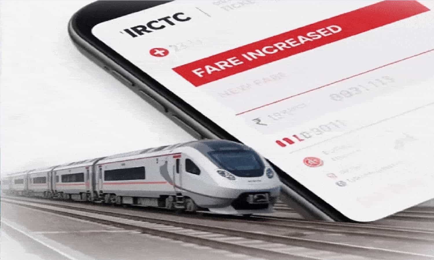 Indian Railways train with IRCTC app screen showing increased ticket fares