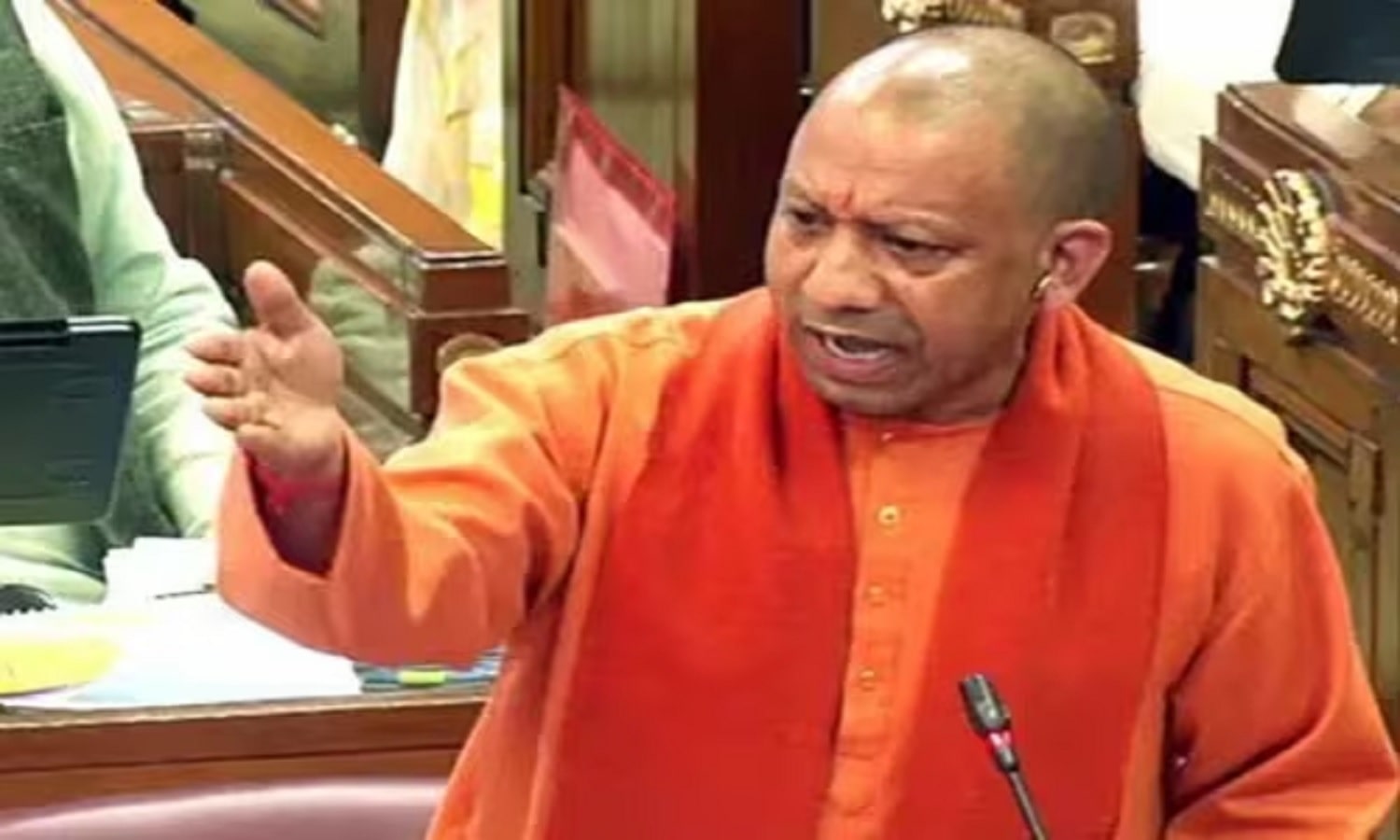 Uttar Pradesh Chief Minister Yogi Adityanath addressing the state assembly during a discussion on codeine mafia