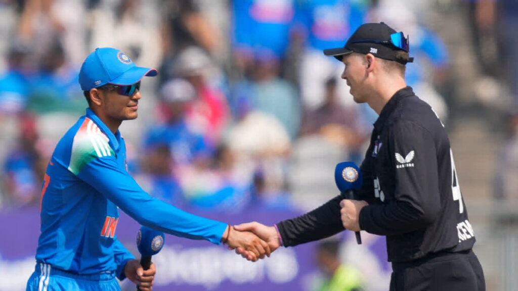 Shubman Gill and Tom Latham shaking hands during the toss at Holkar Stadium for IND vs NZ 3rd ODI.