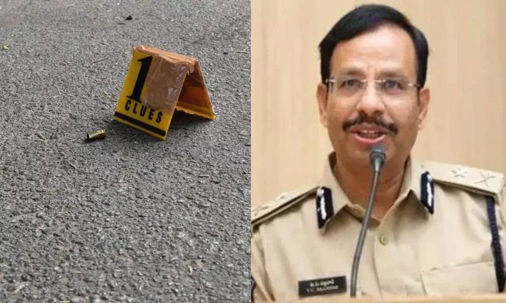 Police officer addressing media and a crime scene marker near a bullet shell on the road.