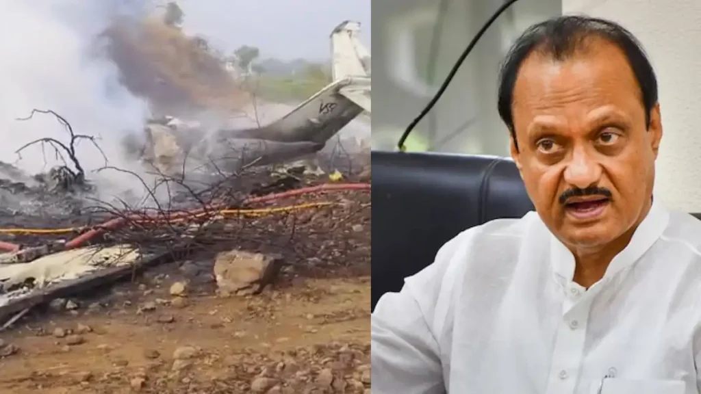 Aerial map showing flight path and crash site near Baramati with Ajit Pawar photo.