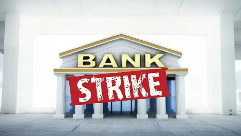 A symbolic image of a bank building with a red 'STRIKE' banner overlaid, representing national bank protest