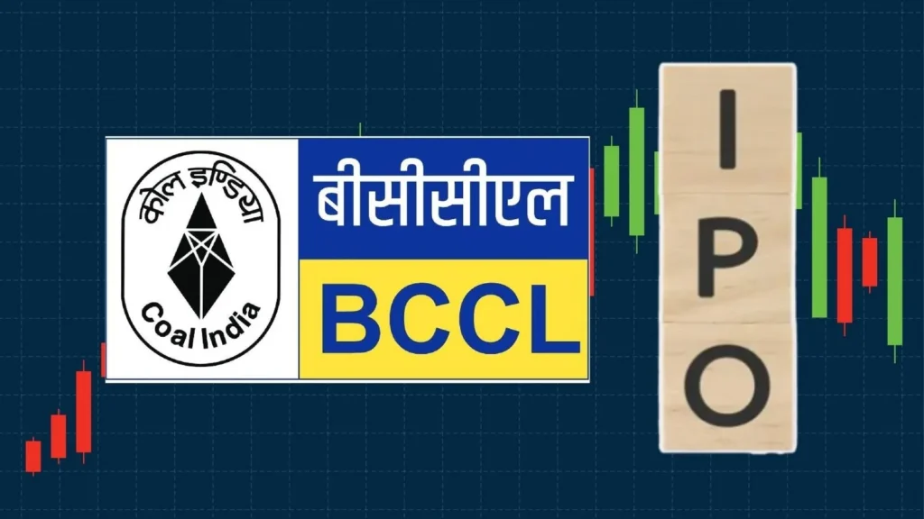 BCCL logo with IPO blocks and stock market candlestick charts