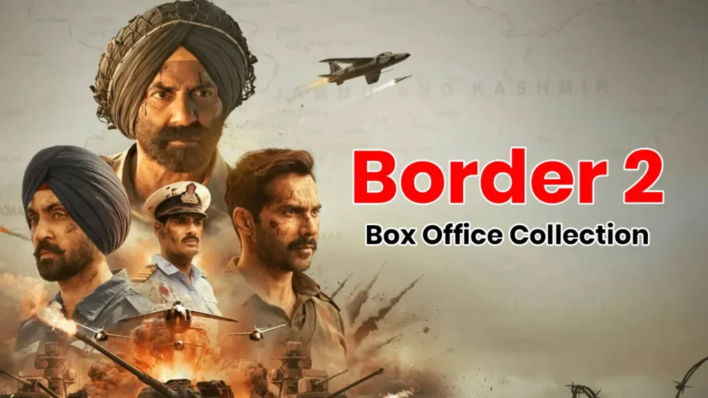 Border 2 movie poster featuring Sunny Deol, Varun Dhawan and Diljit Dosanjh with war background.