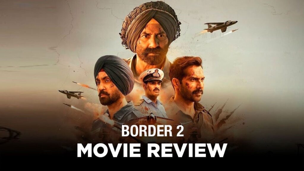 Movie poster of Border 2 featuring Sunny Deol, Varun Dhawan, and Diljit Dosanjh in military uniforms.