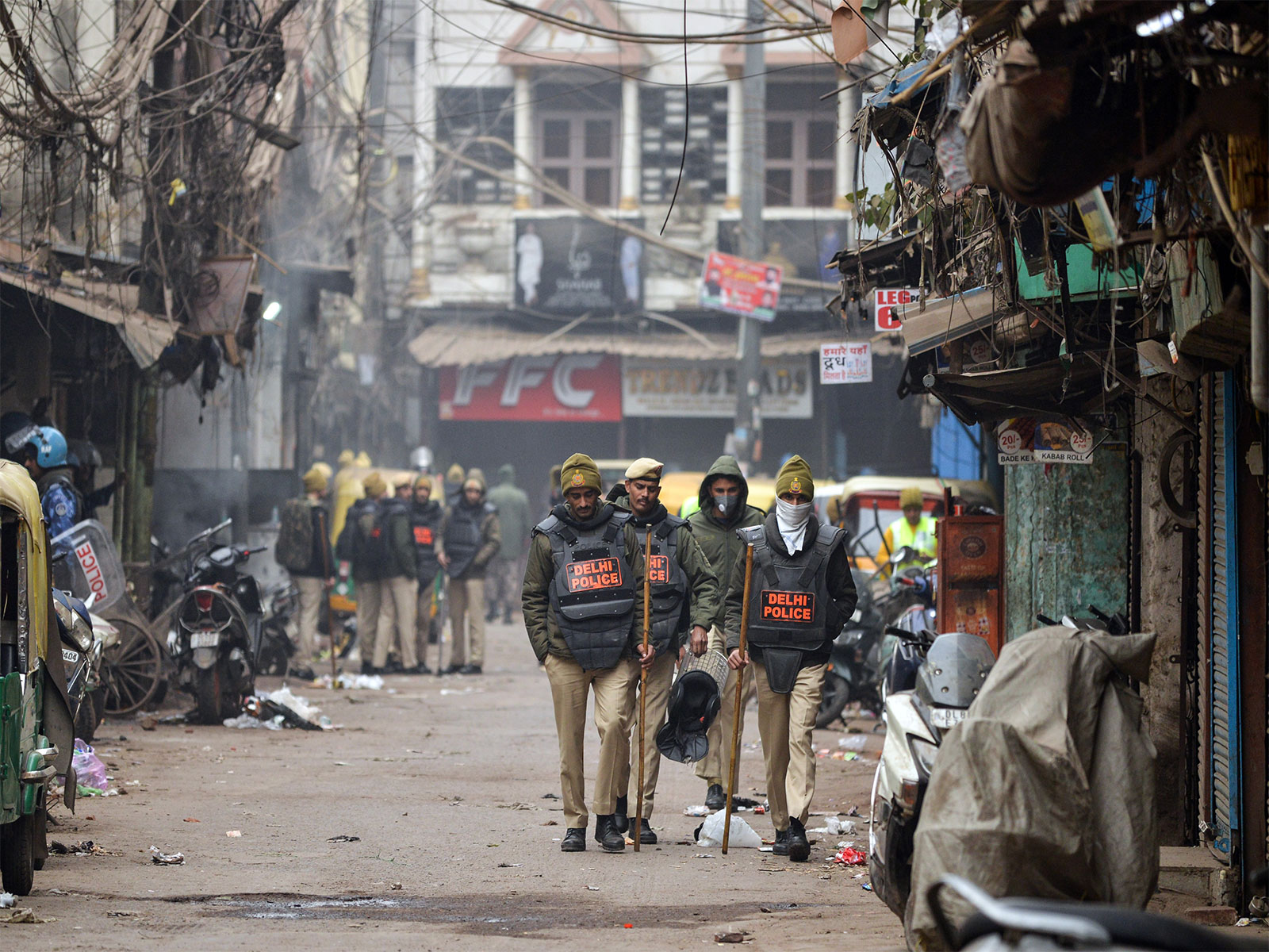 Delhi Police personnel patrolling Turkman Gate area after vandalism and stone-pelting incident