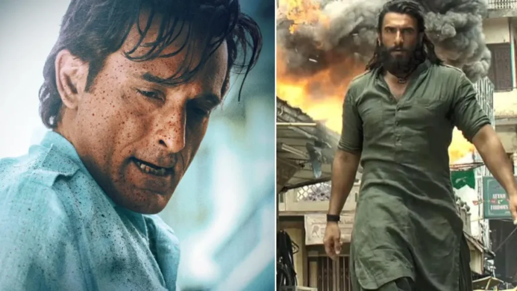 Ranveer Singh in a gritty long-haired look smoking a cigarette and Akshaye Khanna in a tense police uniform role in Dhurandhar.